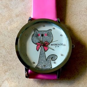Kitty cat watch with pink leather strap